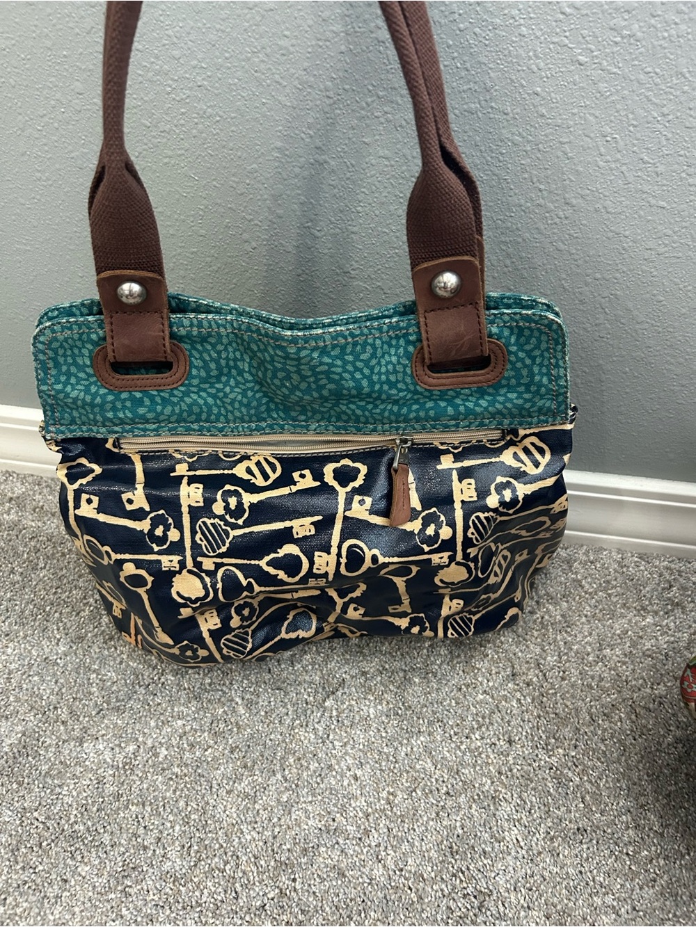 Fossil Teal and Navy Key-Print Shoulder Bag